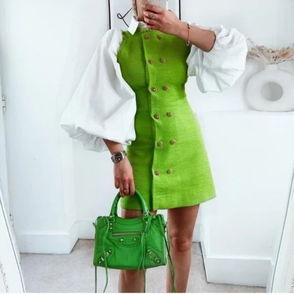 NWT ZARA Textured Weave Dress With Buttons M Green - Picture 4 of 13